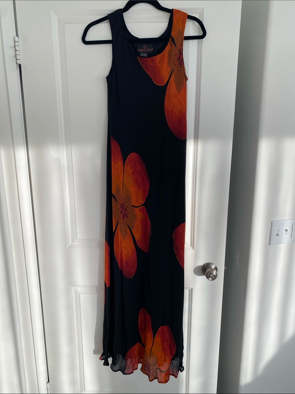 Carole Little Black Maxi Dress with Large Orange Floral Design